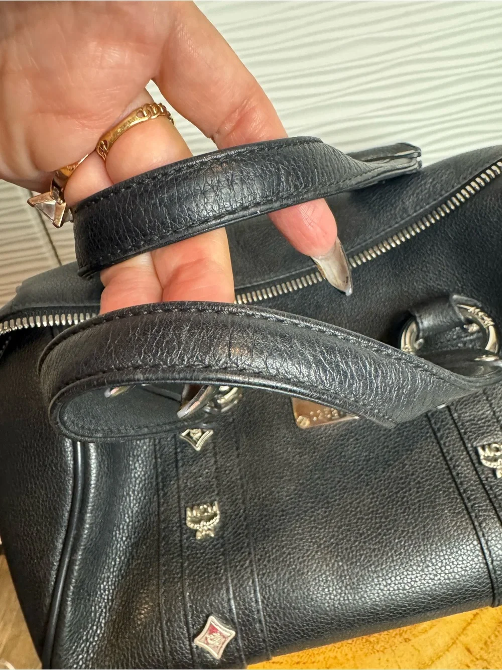 MCM Black Pebbled Leather Double-Handle Satchel with Silver Hardware